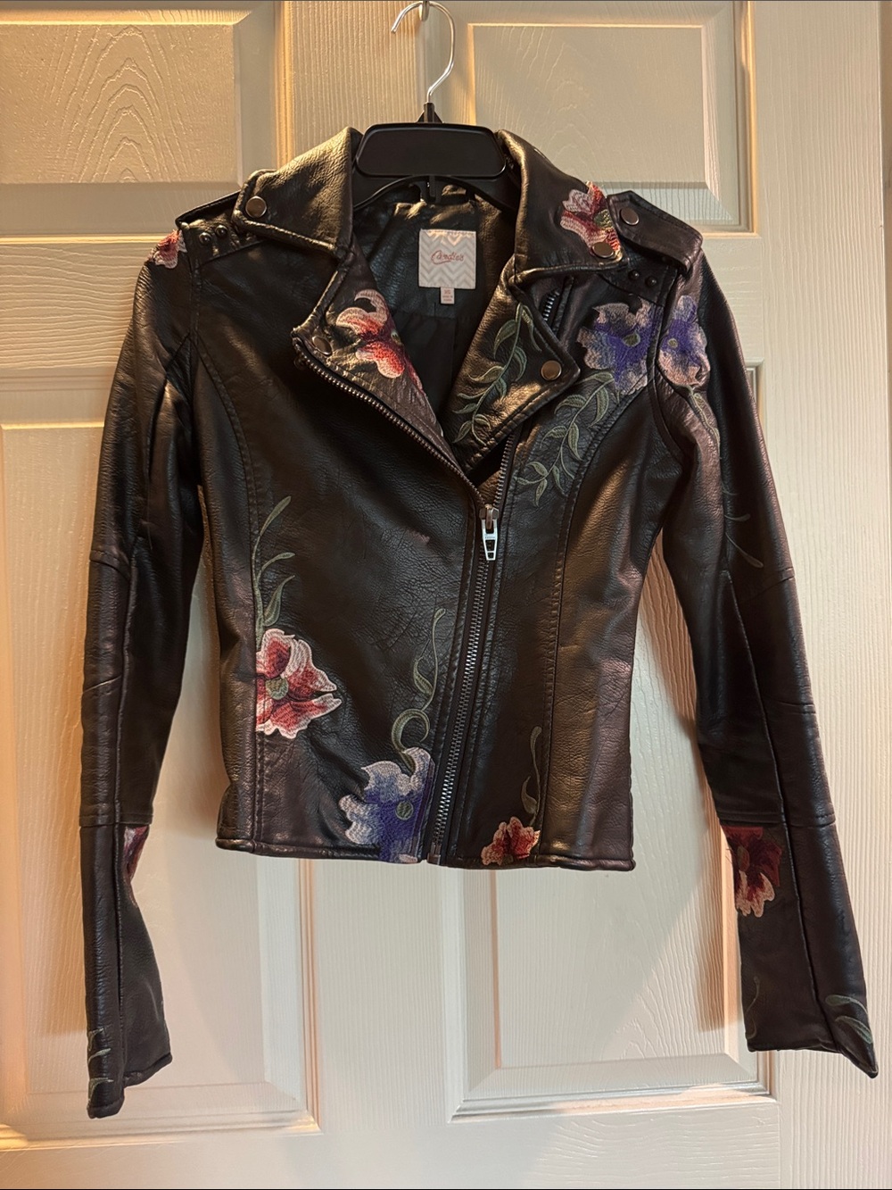 Candies Black Faux Leather Floral Moto Jacket size XS